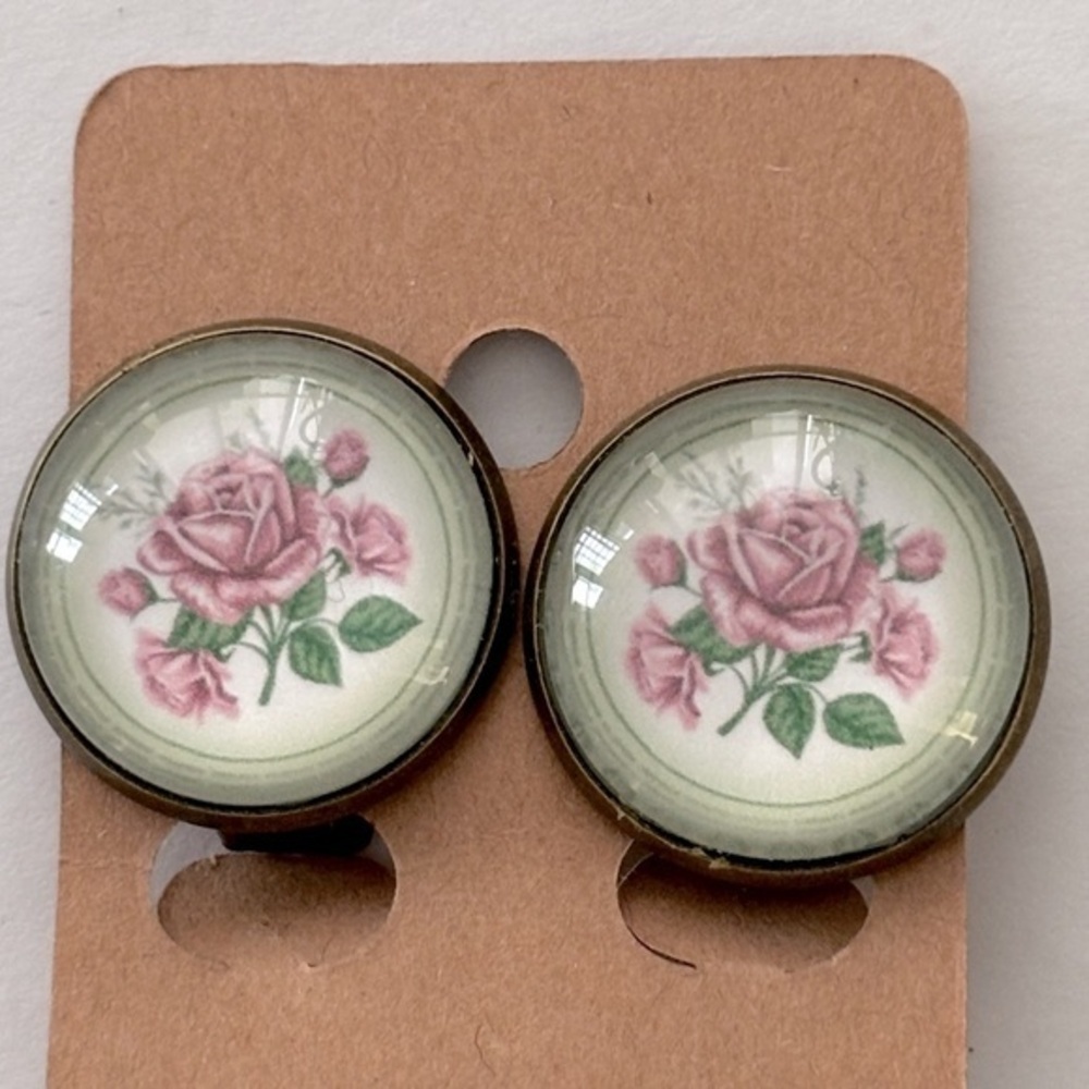 Antique Rose Print 20mm Clip On Earrings, NWT, Handmade, Unworn